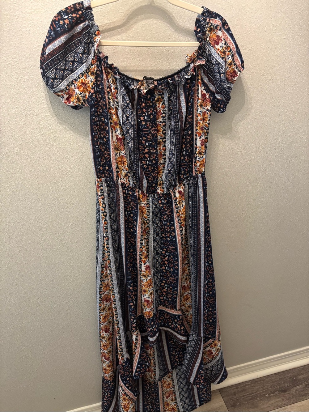 Boho Floral Stripe Off-Shoulder Maxi Dress in Navy and Rust